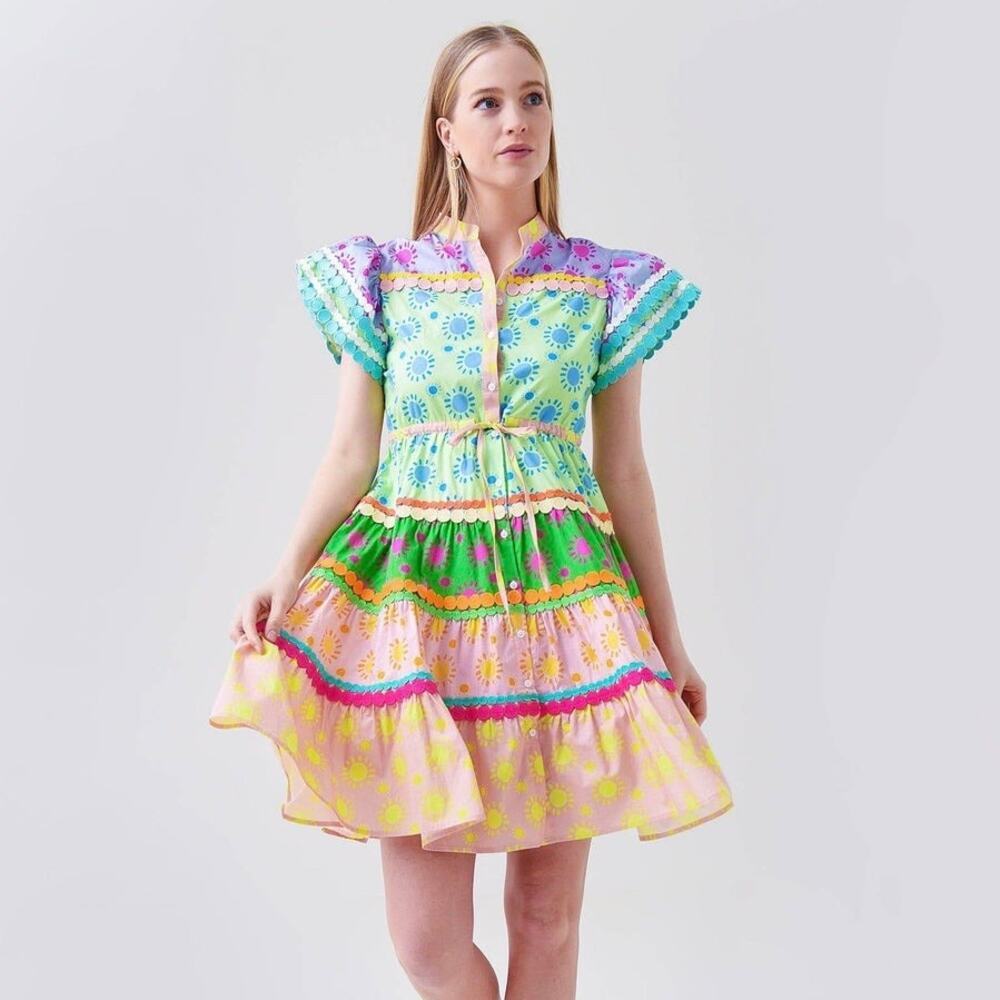 NWT Celia B Ursula Tiered Mini Dress Rainbow Maximalism Size XS
